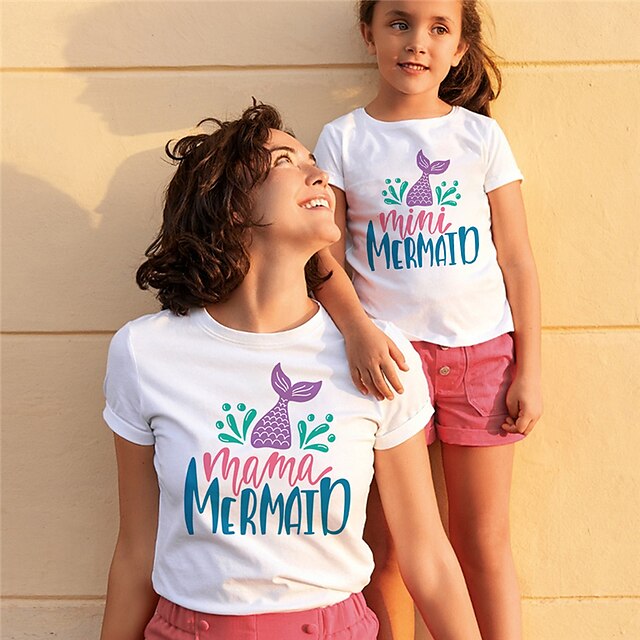 Baby & Kids Matching Outfits | Mommy and Me T shirt Tops Mermaid Letter Street Print White Short Sleeve Active Matching Outfits 