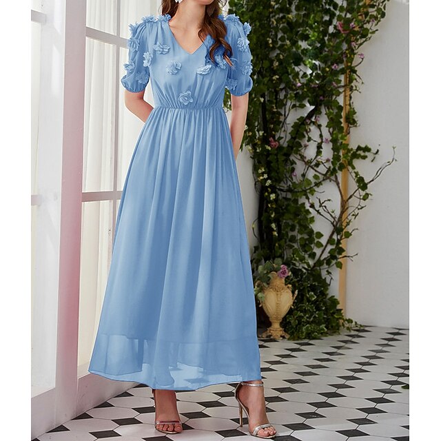 

Women's A Line Dress Maxi long Dress Blue Short Sleeve Pure Color Chiffon Spring Summer V Neck Elegant Luxurious Elegant Cap Sleeve Puff Sleeve Mesh S M L XL / Party Dress
