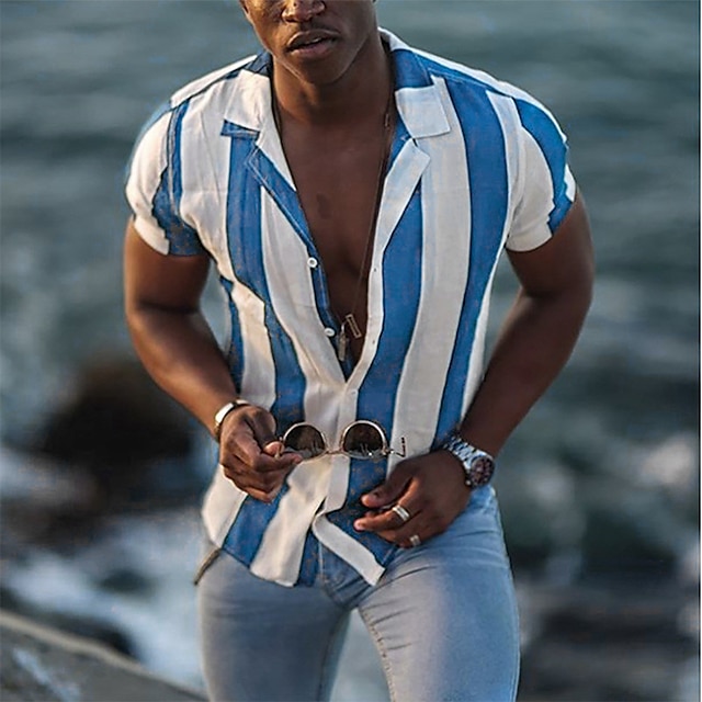 Hombre Verano con Botones Camisas Manga Corta Fiesta Playa Tops Suelto Estampado