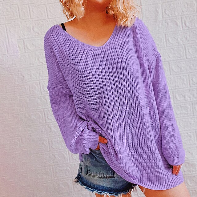  Women's Pullover Sweater Jumper Crochet Knit Knitted Thin V Neck Solid Color Outdoor Daily Stylish Casual Drop Shoulder Fall Spring Purple Yellow S M L