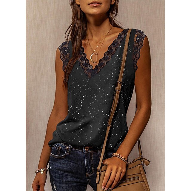 

Women's Tank Top Vest Plain Sequins Lace Trims V Neck Casual Streetwear Tops Black