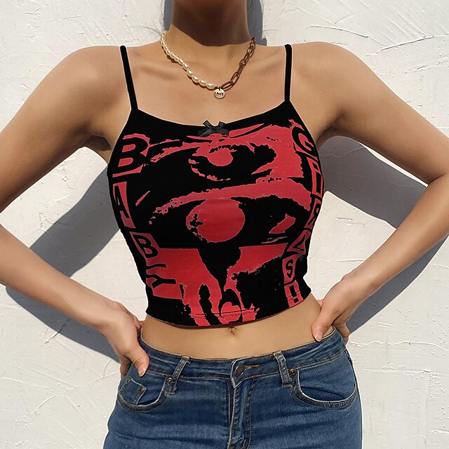 

Women's Camis Eye Patchwork Print Off Shoulder Streetwear Tops White Black