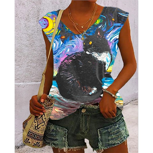 

Women's Blouse Camis Rainbow Cat Patchwork Print V Neck Casual Vintage Tops Rainbow / 3D Print