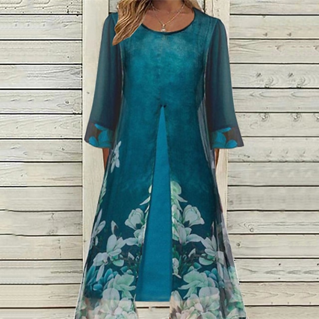 

Women's A Line Dress Knee Length Dress Blue 3/4 Length Sleeve Floral Fake two piece Print Spring Summer Round Neck Stylish Casual Modern 2022 S M L XL XXL