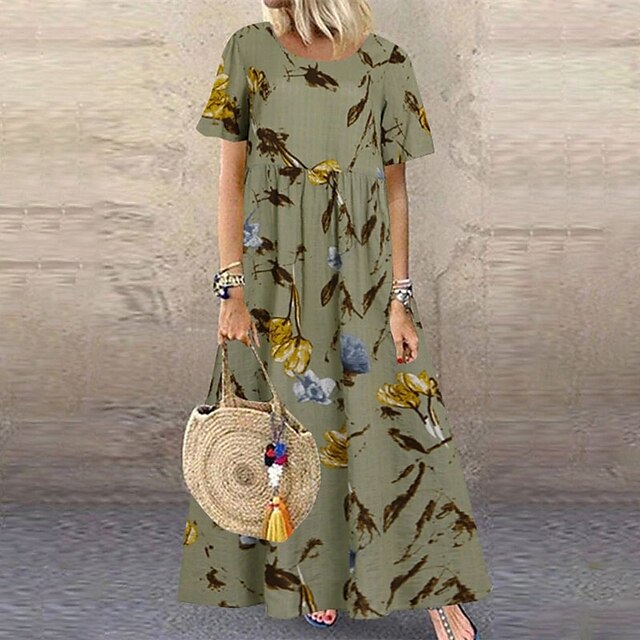 

Women's A Line Dress Maxi long Dress Green Beige Short Sleeve Floral Print Spring Summer Crew Neck Elegant Casual 2022 S M L XL XXL 3XL 4XL 5XL