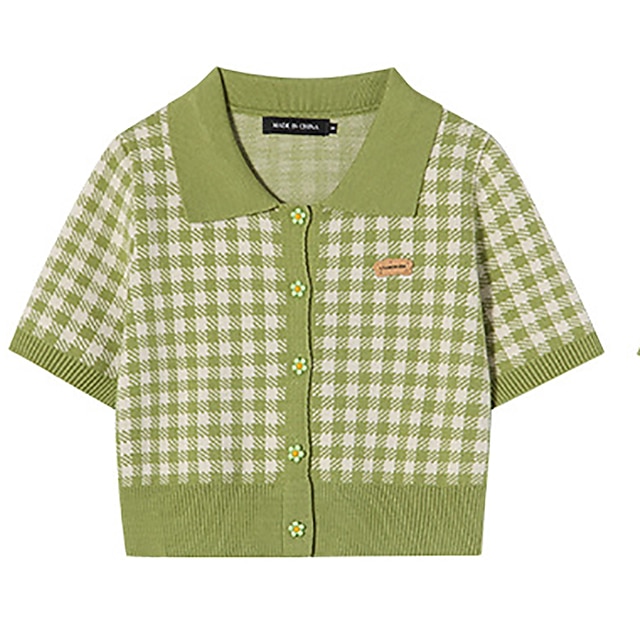 

Women's Cardigan Shrug Knitted Plaid Stylish Short Sleeves Sweater Cardigans Shirt Collar Spring Summer Green Purple