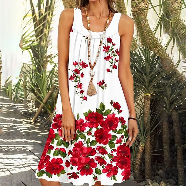 

Women's A Line Dress Knee Length Dress White Sleeveless Floral Print Spring Summer Crew Neck Casual Modern 2022 S M L XL XXL 3XL