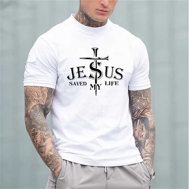 

Men's T shirt Hot Stamping Graphic Cross Crew Neck Casual Daily Print Short Sleeve Tops Lightweight Fashion Big and Tall Sports White