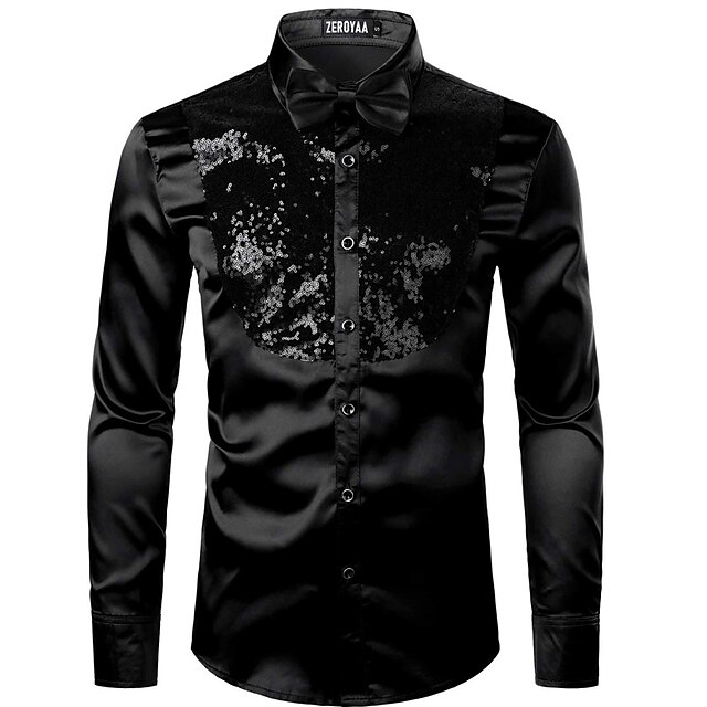 Mens Clothing Mens Shirts | Mens Tuxedo Shirts Solid Color Turndown Party Street Sequins Button-Down Long Sleeve Tops Fashion Br