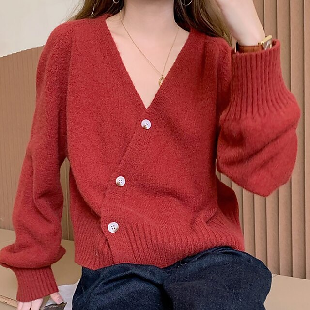 

Women's Cardigan Knitted Pure Color Stylish Long Sleeve Sweater Cardigans V Neck Spring Green White Khaki