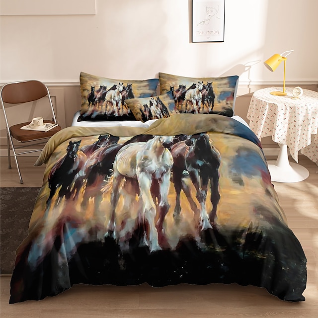 

Horse Printed 3-Piece Duvet Cover Set Hotel Bedding Sets Comforter Cover with Soft Lightweight Microfiber, Include 1 Duvet Cover, 2 Pillowcases for Double/Queen/King(1 Pillowcase for Twin/Single)