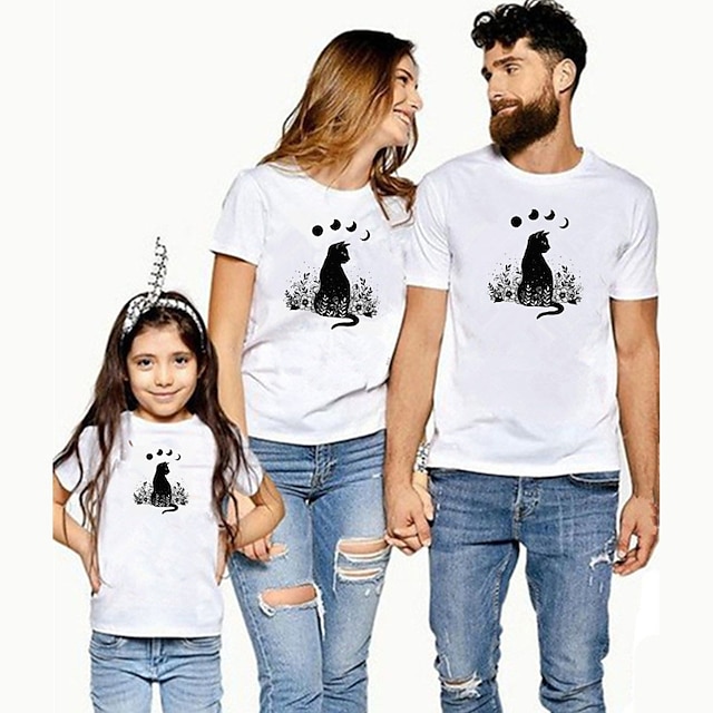 Baby & Kids Matching Outfits | Family Look T shirt Floral Cartoon Cat Daily Print White Short Sleeve Active Matching Outfits - W