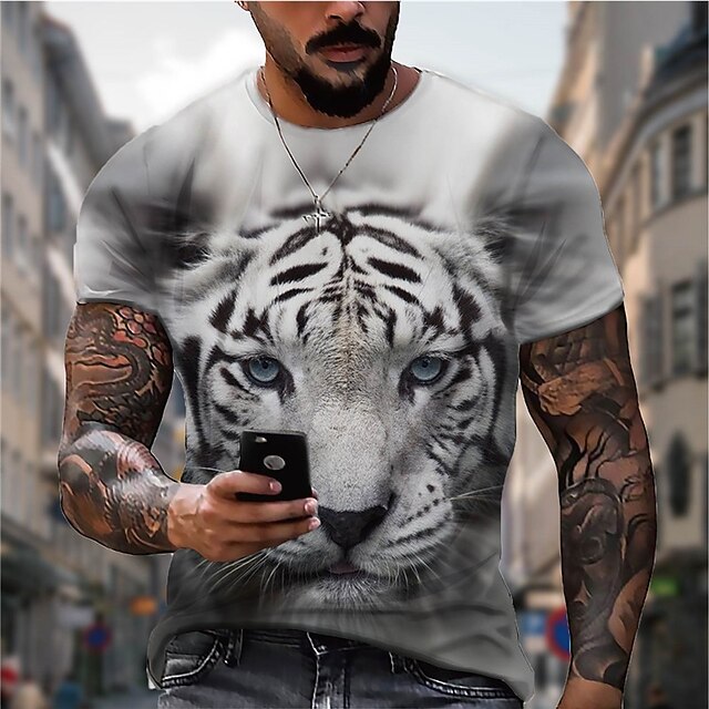 

Men's Unisex T shirt 3D Print Graphic Prints Tiger Crew Neck Street Daily Print Short Sleeve Tops Casual Designer Big and Tall Sports Gray