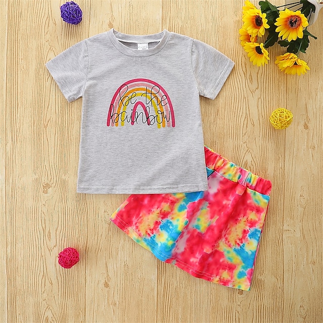 

Kids Girls' T-shirt Shorts Clothing Set 2 Pieces Short Sleeve Gray Rainbow Lion Print Vacation Outdoor Casual Daily 1-5 Years