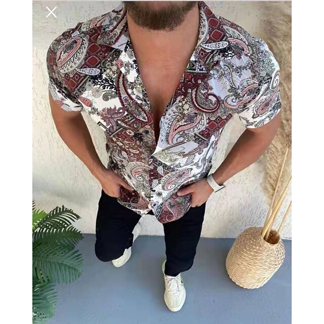 

Men's Shirt Floral Turndown Party Casual Button-Down Short Sleeve Tops Casual Vintage Streetwear Khaki Red