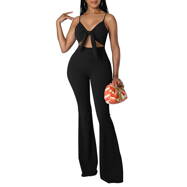 

Women's Jumpsuit Backless Solid Color V Neck Streetwear Party Bar Regular Fit Sleeveless Black Orange Light Blue S M L Spring