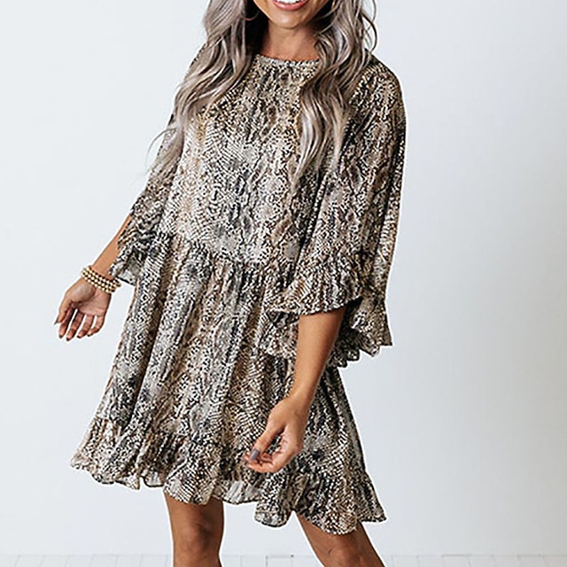 

Women's Shift Dress Short Mini Dress Black 3/4 Length Sleeve Print Ruffle Print Spring Summer Crew Neck Personalized Elegant 2022 S M L XL XXL