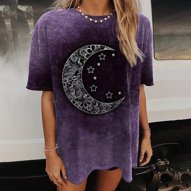 

Women's Abstract Painting T shirt Cartoon Galaxy Graphic Print Round Neck Ethnic Vintage Tops Purple / 3D Print
