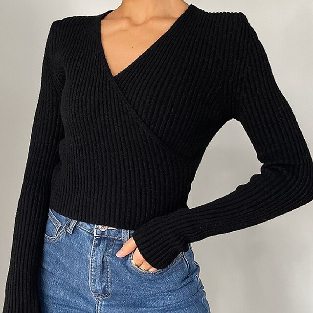 

Women's Sweater Pullover Jumper Knitted Pure Color Stylish Casual Soft Long Sleeve Sweater Cardigans V Neck Spring Summer White Black