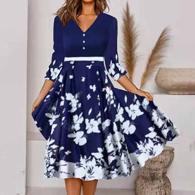 

Women's A Line Dress Midi Dress Blue 3/4 Length Sleeve Floral Button Print Spring Summer V Neck Elegant Vacation 2022 S M L XL XXL 3XL