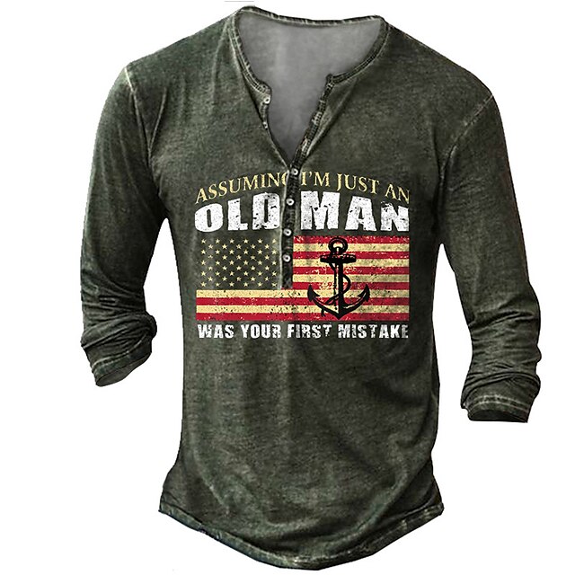 

Men's Henley Shirt Tee T shirt 3D Print Graphic National Flag Plus Size Henley Casual Daily Button-Down Print Long Sleeve Tops Casual Retro Designer Military Army Green