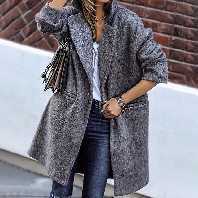 

Women's Trench Coat Coat Daily Spring Long Coat Regular Fit Warm Casual Jacket Long Sleeve Solid Color Pocket Gray