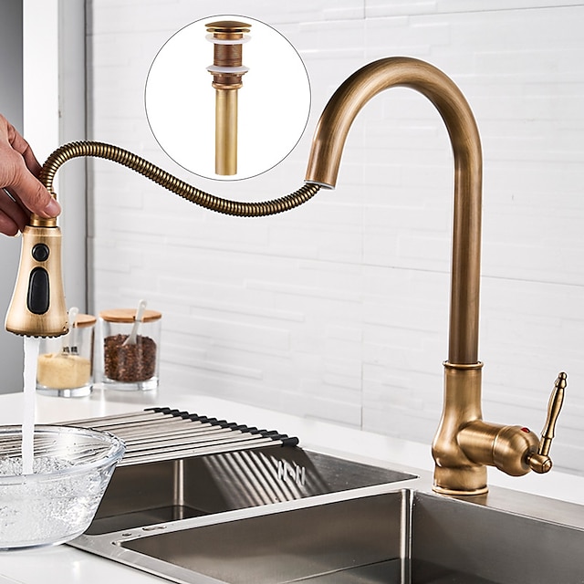  Kitchen Faucet with Sprayer,Antique Brass Pull-out 3-Function Outlet Mode Single Handle One Hole Sink Kitchen Taps with Soap Dispenser or Drain