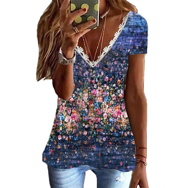 

Women's T shirt Graphic Flower Lace Patchwork Print V Neck Basic Tops White Dusty Blue Rainbow / 3D Print