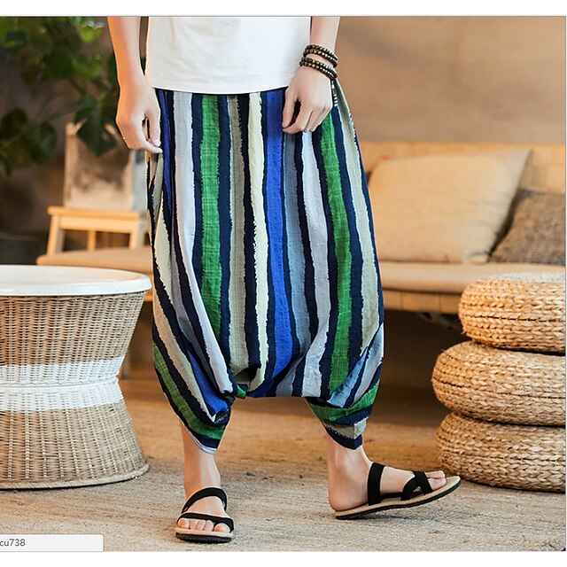 Mens Clothing Mens Bottoms | Mens Retro Vintage Streetwear Harem Baggy Elastic Drawstring Design Print Ankle-Length Pants Casual