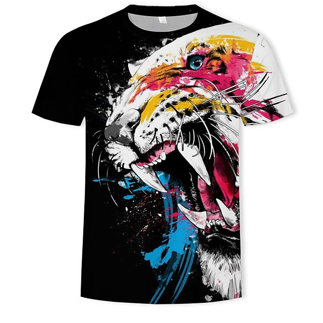 

Men's T shirt Tiger Round Neck Casual Daily Print Short Sleeve Tops Casual Slim Fit Black