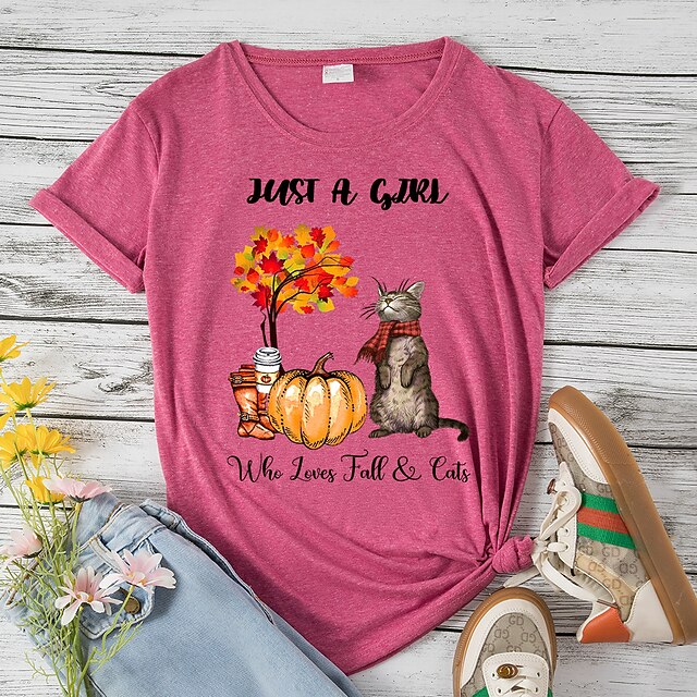 

Women's Floral Theme Cat Painting T shirt Cat Text Pumpkin Print Round Neck Basic Tops Blue Dusty Rose Yellow
