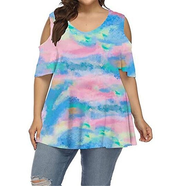 

Women's Plus Size Tops T shirt Floral Tie Dye Cut Out Print Short Sleeve V Neck Streetwear Daily Going out Polyester Spring Summer Green Blue