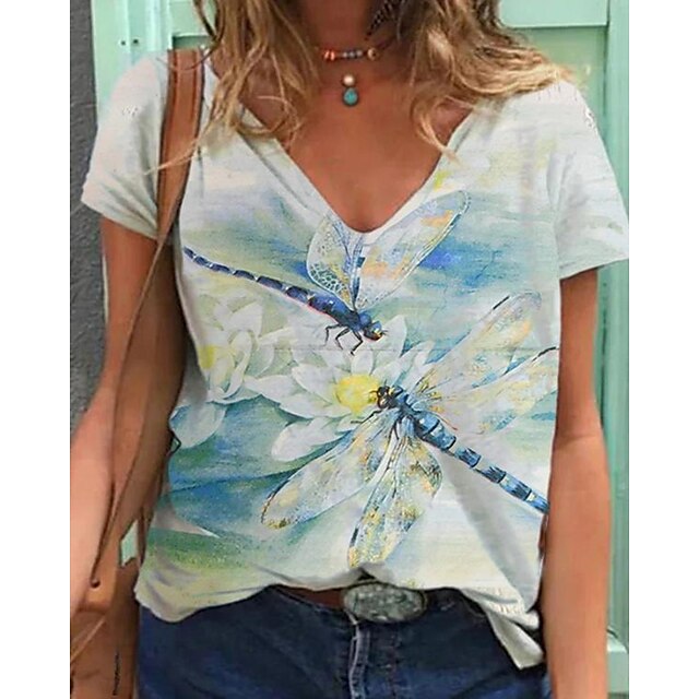 

Women's Floral Theme Cat Painting T shirt Floral Cat Butterfly Print V Neck Basic Tops Green White Light Green / 3D Print