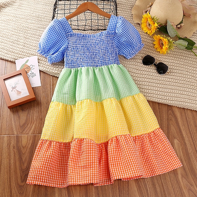 

Kids Little Girls' Dress Patchwork Color Block colour A Line Dress Daily Patchwork Multicolor Knee-length Short Sleeve Casual Dresses Summer Regular Fit 4-12 Years