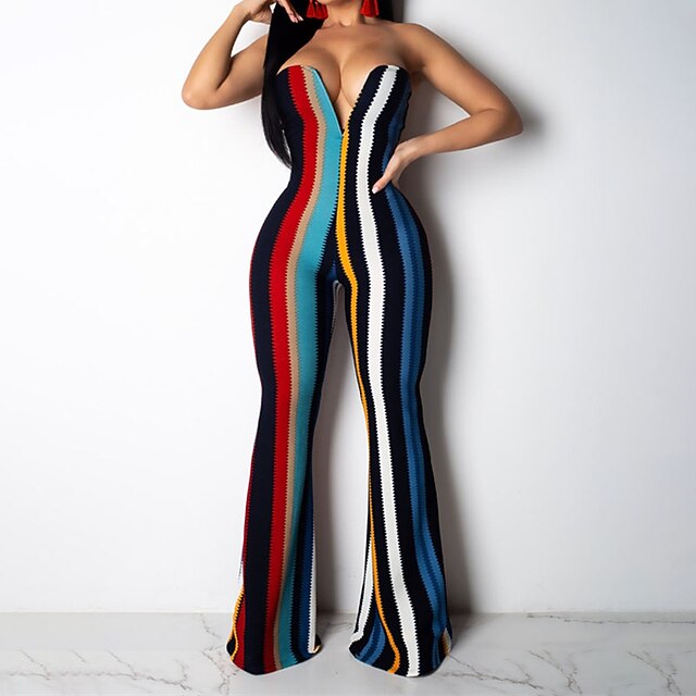 

Women's Jumpsuit Backless Print Striped V Neck Elegant Party Bar Regular Fit Sleeveless Black S M L Spring