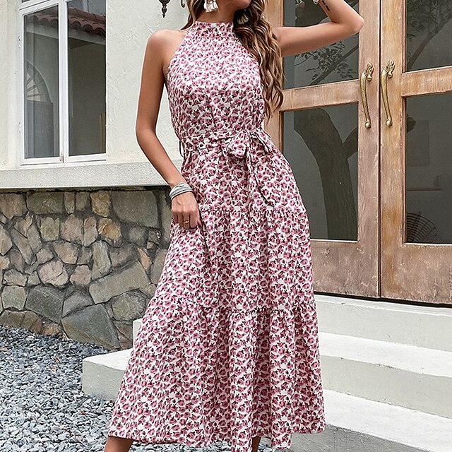 

Women's A Line Dress Maxi long Dress Pink Sleeveless Floral Print Spring Summer Halter Neck Elegant Vacation 2022 S M L XL
