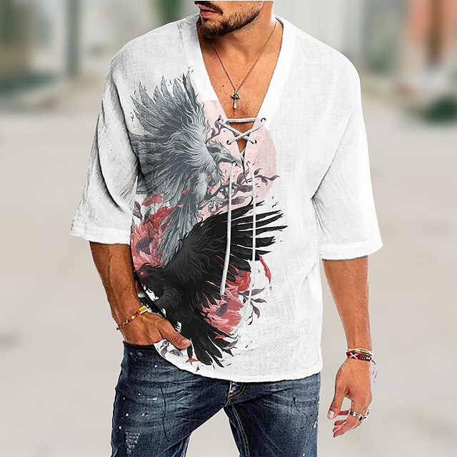 

Men's Shirt 3D Print Phoenix Animal V Neck Casual Daily 3D Print Drawstring 3/4 Length Sleeve Tops Casual Fashion Designer Comfortable White