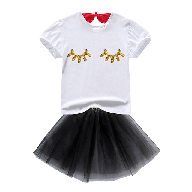 

Kids Girls' T-shirt Skirt SkirtSet Clothing Set 2 Pieces Short Sleeve Black Solid Color Mesh Bow Print Street Indoor Vacation Active Casual Fashion Daily Mini 2-8 Years