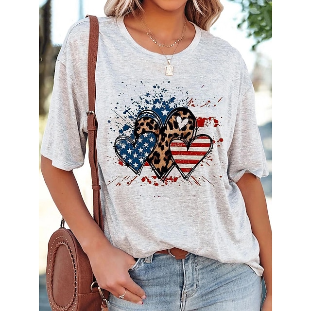 

Women's T shirt Heart Print Round Neck Basic Tops White / 3D Print