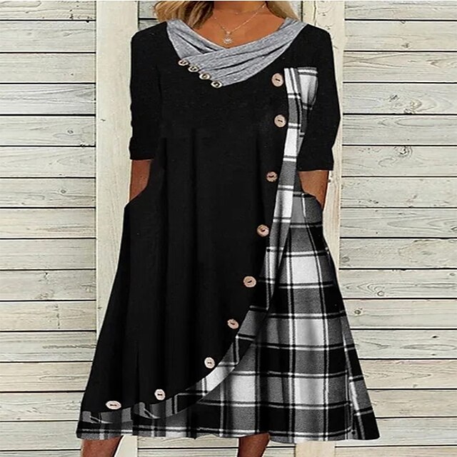 

Women's A Line Dress Knee Length Dress Black Long Sleeve Color Block Patchwork Button Spring Summer Round Neck Stylish Casual Modern 2022 S M L XL XXL 3XL