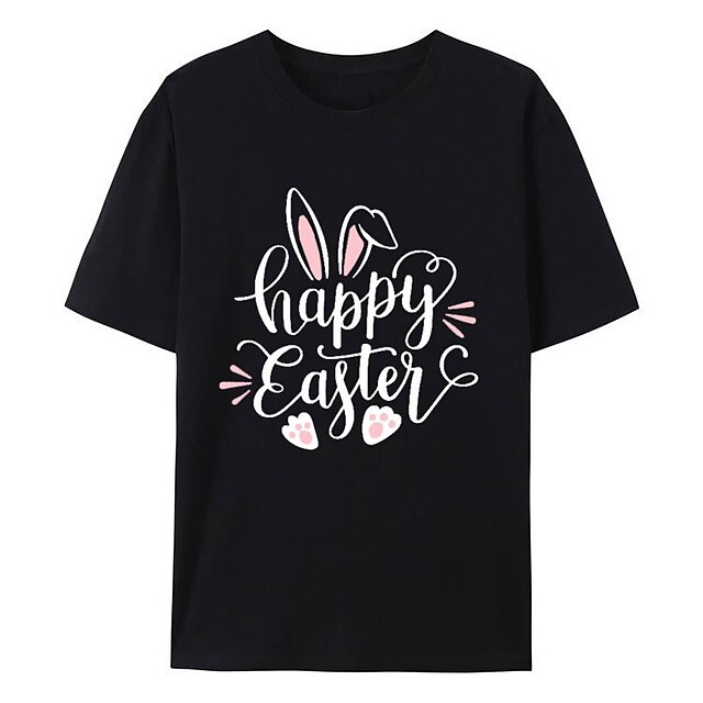 

Women's Happy Easter Painting T shirt Text Rabbit Animal Print Round Neck Basic Tops 100% Cotton Black Gray Purple