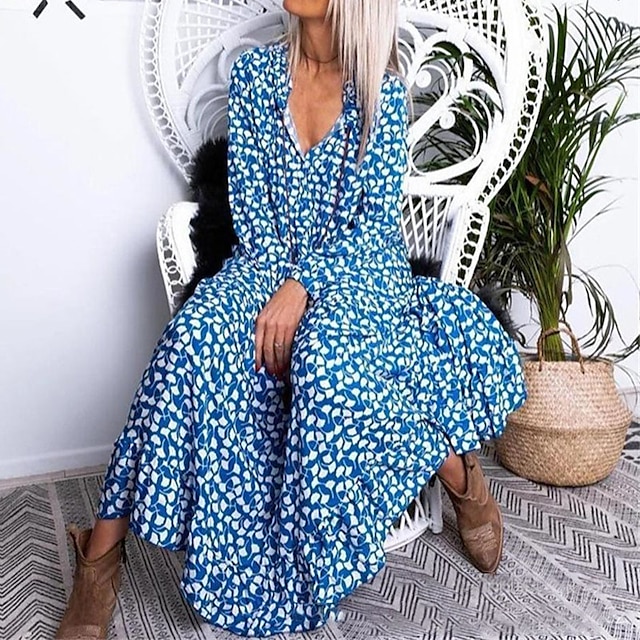 

Women's A Line Dress Maxi long Dress Green Blue Black Red Long Sleeve Floral Ruffle Print Spring Summer V Neck Stylish Work Elegant 2022 S M L XL XXL