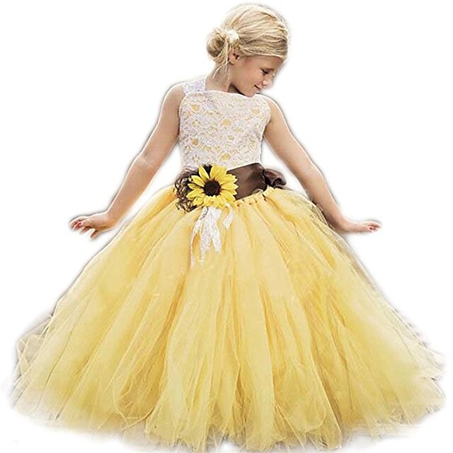 

Kids Little Girls' Dress Floral Flower A Line Dress Performance Christening dress Ruched Mesh Lace Yellow Asymmetrical Sleeveless Princess Sweet Dresses Summer Regular Fit 3-12 Years
