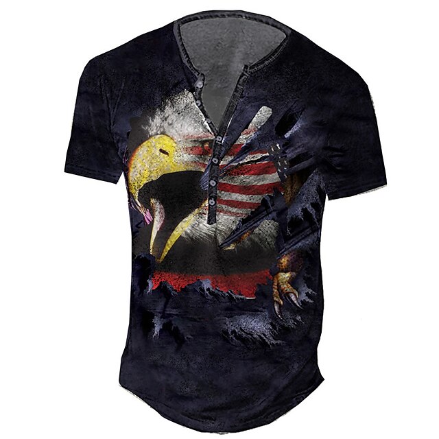 

Men's Henley Shirt Tee T shirt 3D Print Graphic Eagle Plus Size Henley Daily Sports Button-Down Print Short Sleeve Tops Basic Casual Classic Designer Black