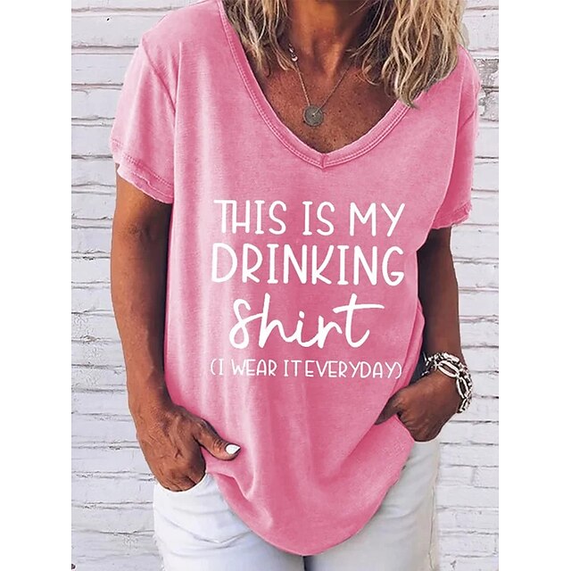 

Women's Painting T shirt Text Print V Neck Basic Tops Blue Pink