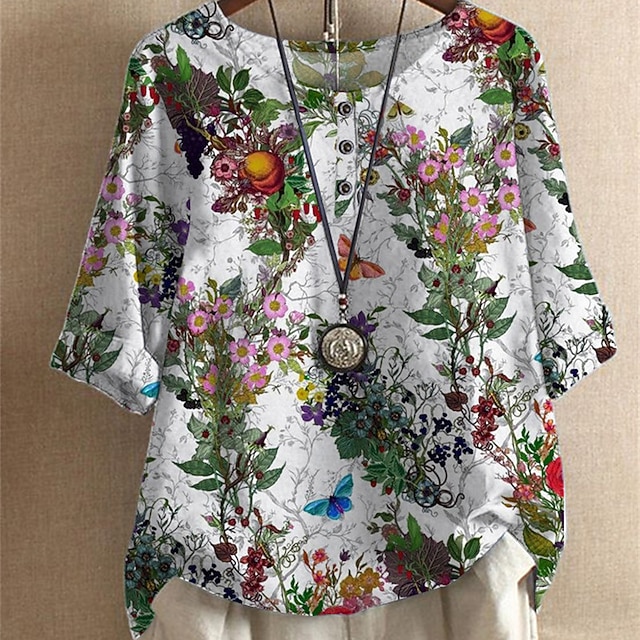 

Women's Plus Size Tops T shirt Floral Button Print Half Sleeve Crewneck Streetwear Daily Going out Cotton Spandex Jersey Spring Summer Green White