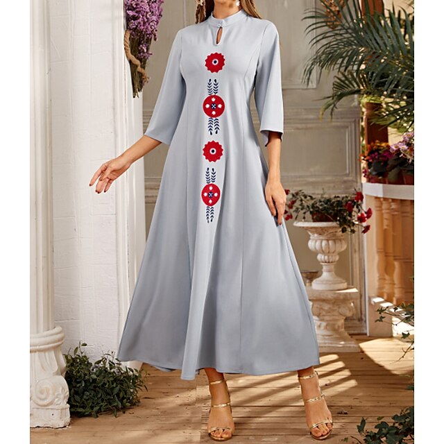 

Women's Sheath Dress Maxi long Dress Blue Half Sleeve Floral Print Embroidered Zipper Jacquard Spring Summer Stand Collar Mandarin Collar Elegant Luxurious Elegant Casual 2022 S M L XL