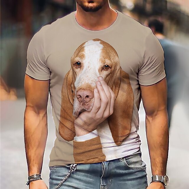 

Men's T shirt 3D Print Dog Graphic Crew Neck Daily Sports Print Short Sleeve Tops Casual Classic Designer Big and Tall Gray Khaki