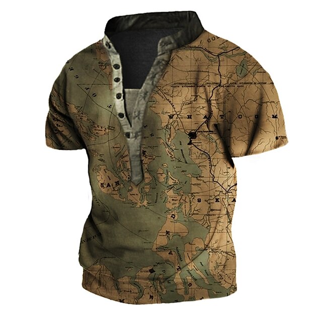 

Men's Henley Shirt Tee T shirt 3D Print Graphic Map Henley Casual Daily Button-Down Print Short Sleeve Tops Fashion Vintage Retro Big and Tall Brown
