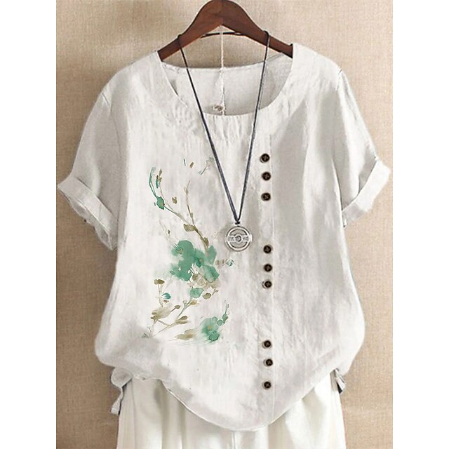 

Women's Plus Size Tops T shirt Floral Button Print Short Sleeve Crewneck Streetwear Daily Going out Cotton Spring Summer White